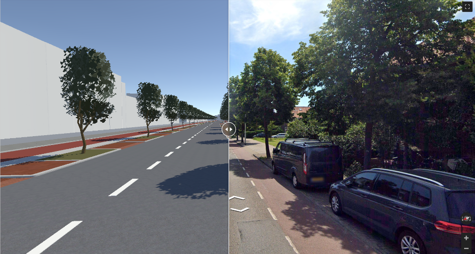 A screenshot of the InfraShaper. On the right you can see the new situation of a street and on the left the current situation of a street.