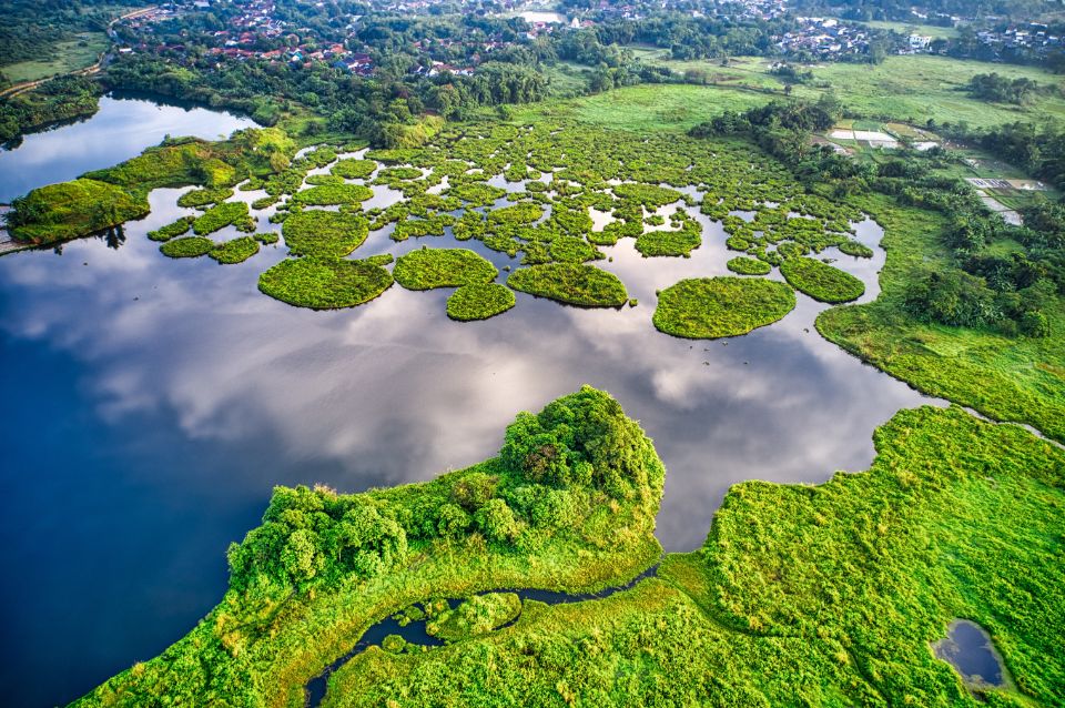 Een luchtfoto van een groen gebied met veel water.