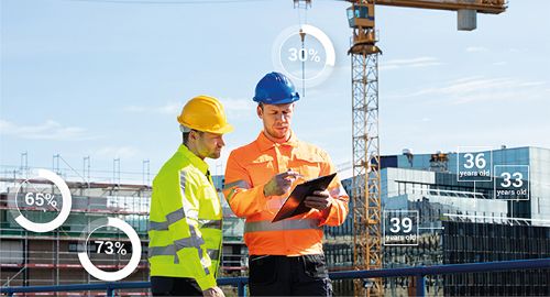 Two men with helmets and yellow vests are looking at a memo. They are standing on a building site. In the background is a large crane. Circular diagrams have also been added, showing percentages, and white text shows how old the buildings in the background are.