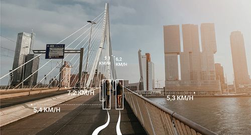 Photo from the Erasmus Bridge in Rotterdam. People are walking on it and it shows how many kilometres per hour they are walking.