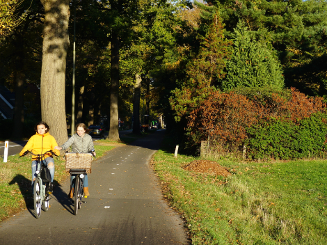 Een foto van 2 jonge kinderen op de fiets over een geasfalteerd fietspad naast een weg.