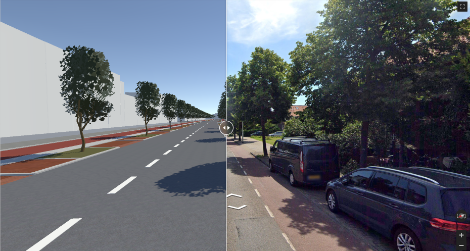 Een screenshot van de InfraShaper. Je ziet aan de linkerkant de nieuwe situatie van een straat en aan de rechterkant de huidige situatie van een straat.