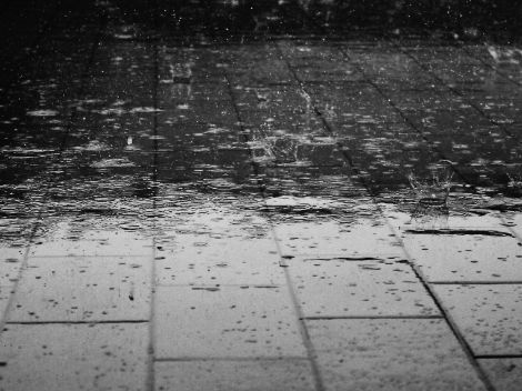 Rain is falling on the street.