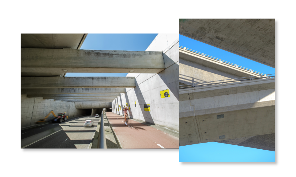 Een collage van 2 afbeeldingen. Op beide zijn betonnen elementen te zien.