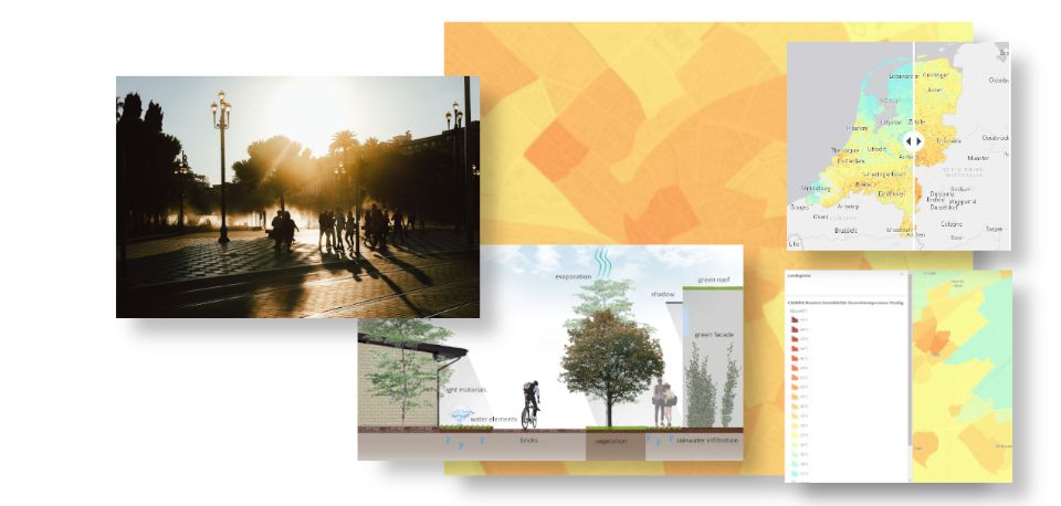 Een collage van verschillende afbeeldingen. Onder andere een kaart van Nederland met temperaturen en een foto van een zonnige stad.