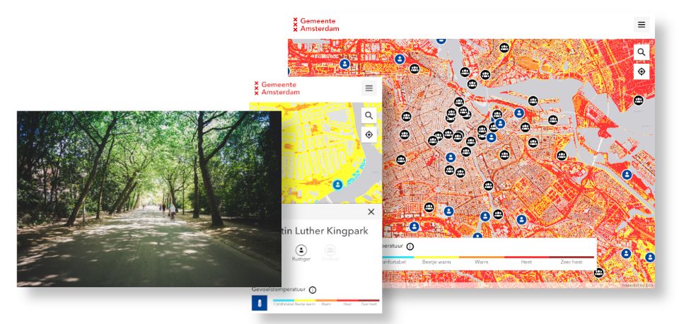 Een collage van 3 afbeeldingen: foto van een park in Amsterdam, een plattegrond van Amsterdam met de hittestress erop aangegeven en een screenshot van een kaart van het Martin Luther Kingpark.