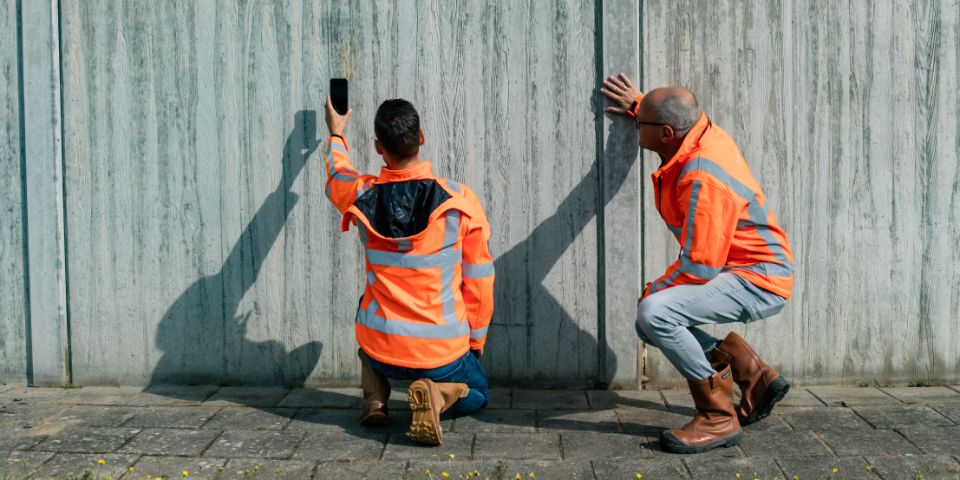 Twee mannen bij een scheur in de muur. Ze controleren de muur met hun smartphone en de Crack Width Analysis-app.