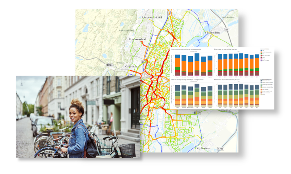 Een collage van drie afbeeldingen: een vrouw op de fiets, verschillende staafdiagrammen en een plattegrond van Haarlem.