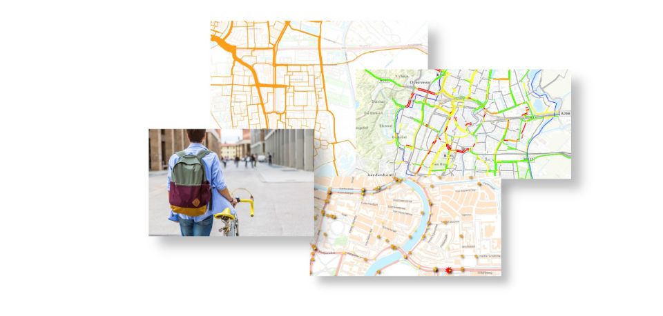 Collage van verschillende afbeeldingen: een fietser, een plattegrond met knelpunten en een plattegrond met de drukte.