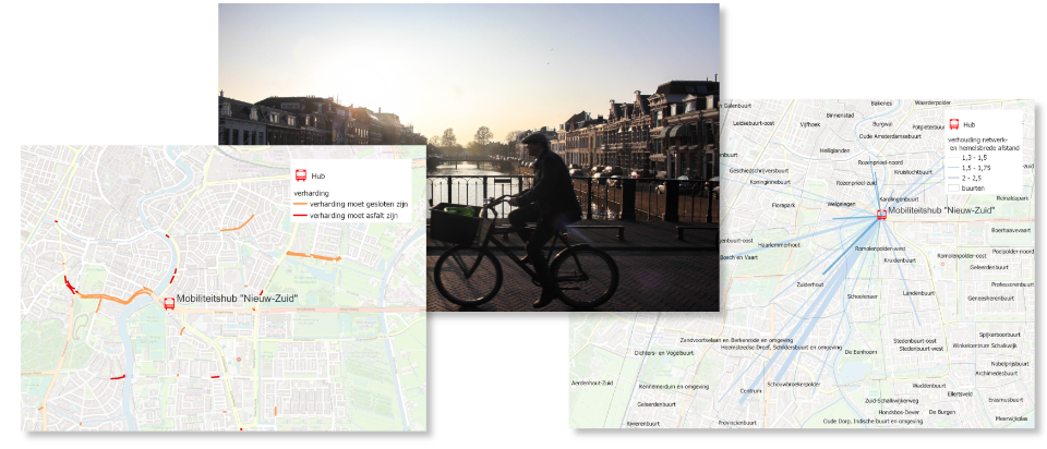 Collage van kaartjes gemaakt met de FietsMonitor en een foto van Haarlem