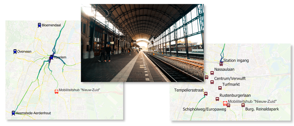 Collage van drie fotos met kaarten uit de FietsMonitor en een foto van station Haarlem