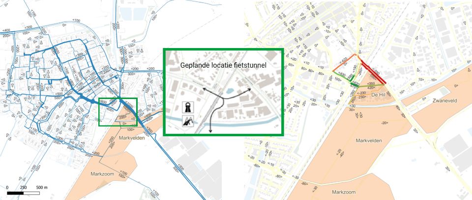Een kaart van Zevenbergen. De geplande locatie van de fietstunnel is weergegeven.
