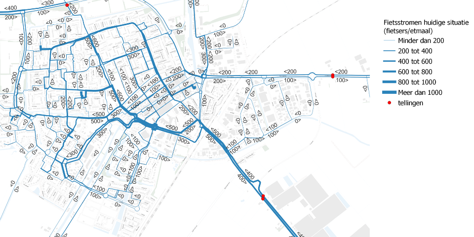 Een kaart van de huidige fietsstromen in Zevenbergen. De stromen zijn weergegeven in verschillende tinten blauw.