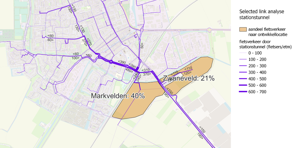 Een kaart van Zevenbergen. Op de kaart kan je zien wat het aandeel van het fietsverkeer is door de stationstunnel en naar de ontwikkellocatie.