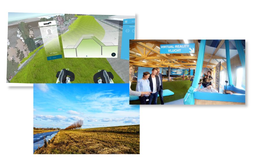 Een collage van 3 afbeeldingen: een screenshot van VR Dijken, een foto van een dijk en een foto van de virtual reality experience in het informatiecentrum Markermeerdijken.