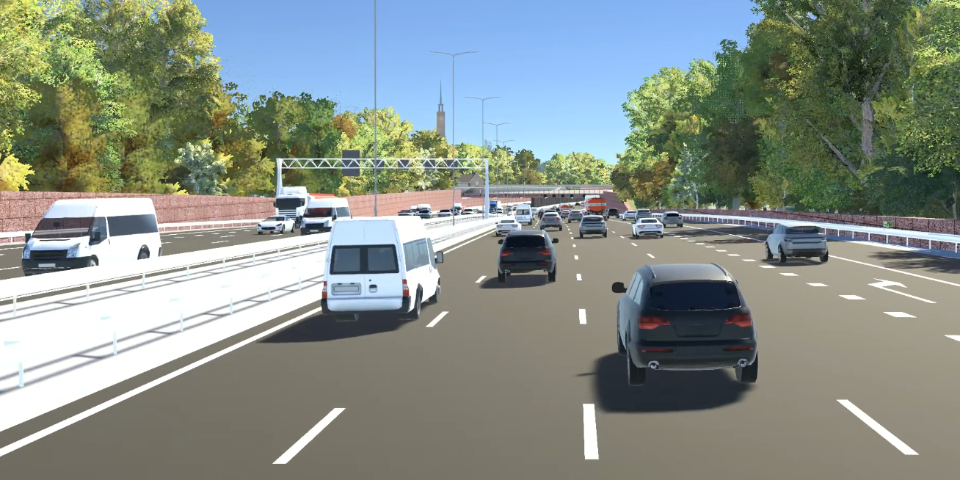 Een VR beeld van een weg met auto's.