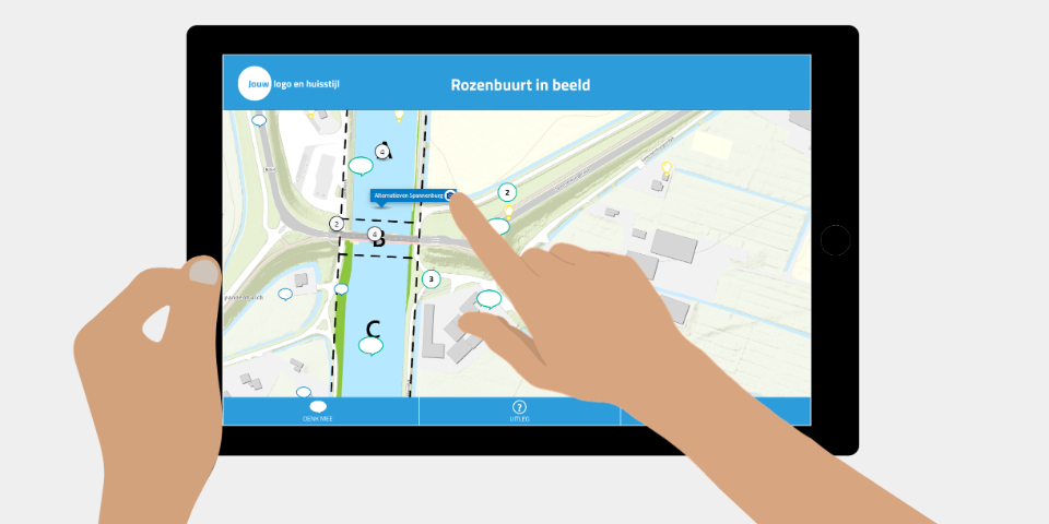 An illustration of a tablet. The tablet shows a map with a bridge and roads. You can also see reactions from a neighbour wondering where she should park her car now.