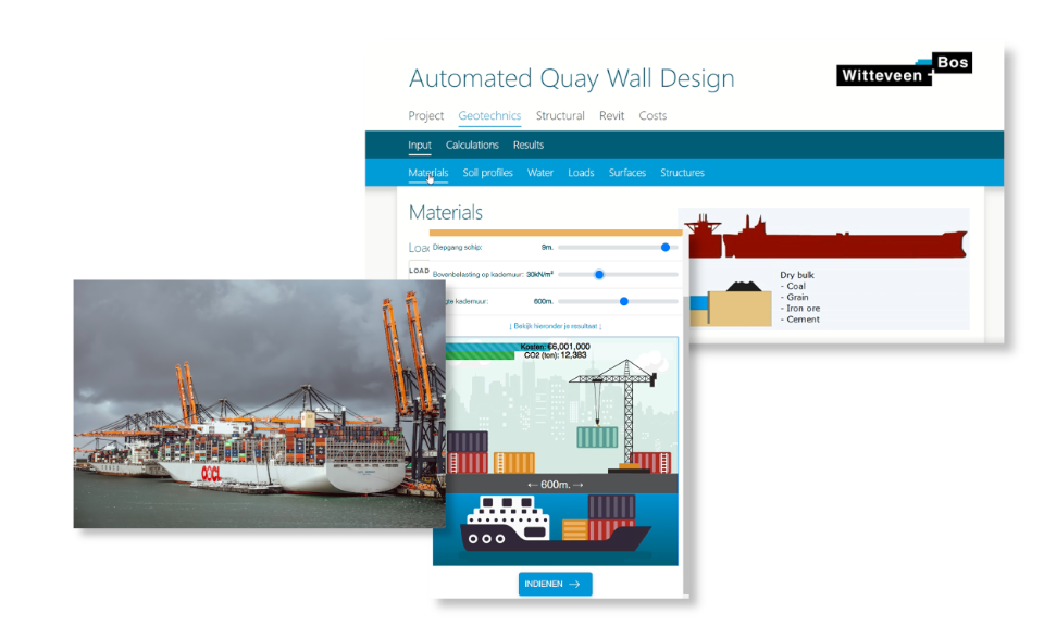 Een collage van 3 afbeeldingen: een schip in een haven en 2 screenshots van de AQD-tool.