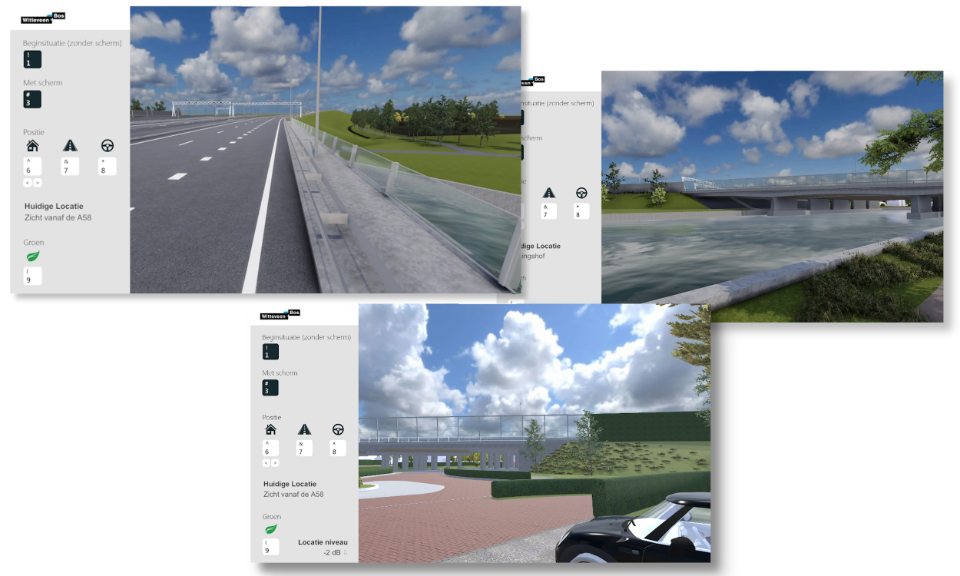 Een collage van 3 screenshots van de VR Geluidsschermentool.