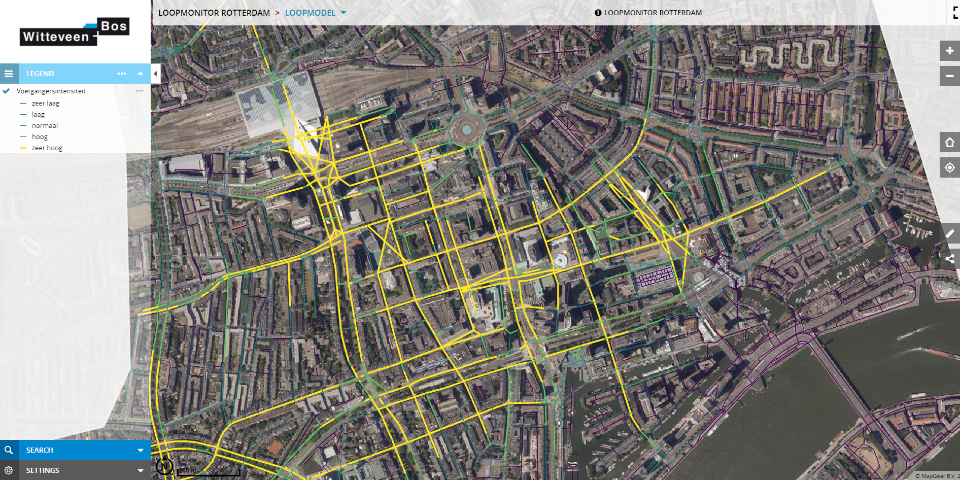 Een plattegrond van Rotterdam. Met kleuren is de loopintensiteit aangegeven.