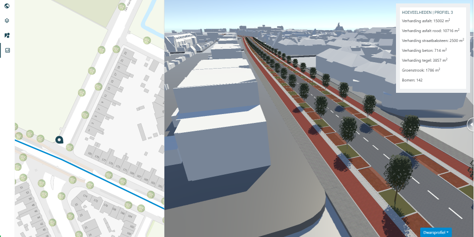 Een screenshot van de InfraShaper. Links een plattegrond van de stad en rechts de nieuwe situatie met de hoeveelheden die voor het nieuwe wegprofiel nodig zijn.