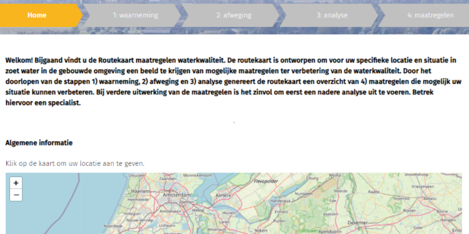 Een screenshot van de startpagina van de Routekaart Waterkwaliteit. Je ziet dat je de locatie moet aangeven.