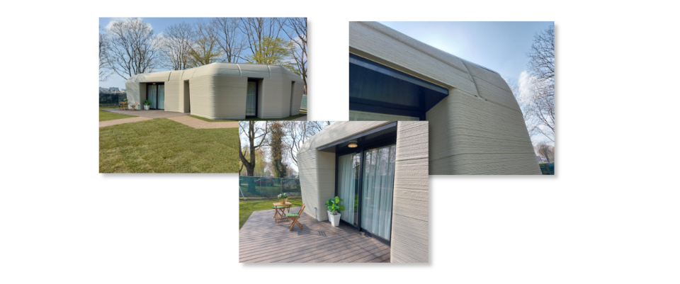 An image collage of 3 pictures of the 3D concrete printed house