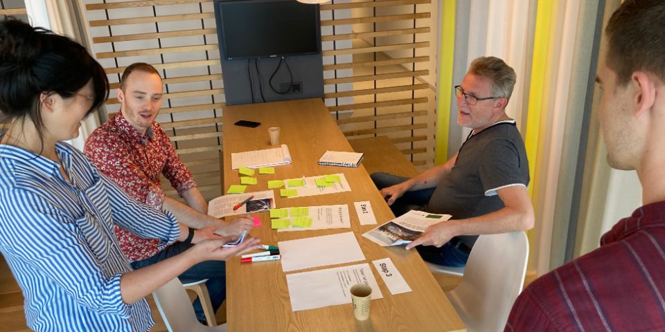 Een foto van 4 mensen in overleg. Op de tafel ligt allemaal workshop materiaal: stiften, papieren en stickers.