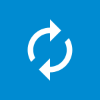White icon of two arrows in a circle on a blue background.